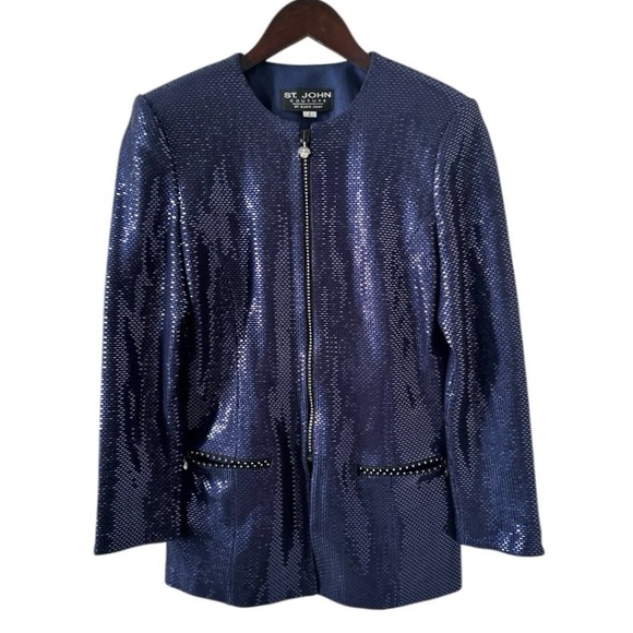 St. John Couture Dark Blue Paillette and Crystal 3/4 Sleeve Knit Jacket Size 2 - Picture 5 of 11